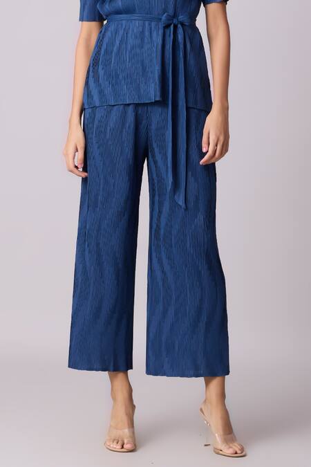 Scarlet Sage Blue Polyester Round Neck Lina Textured Top And Pant Set Online at Aza Fashions Scarlet Sage_Blue Polyester Round Neck Lina Textured Top And Pant Set_Online_at_Aza_Fashions