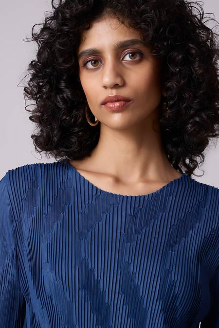 Buy Scarlet Sage Blue Polyester Round Neck Lina Textured Top And Pant Set Online at Aza Fashions Buy_Scarlet Sage_Blue Polyester Round Neck Lina Textured Top And Pant Set_Online_at_Aza_Fashions