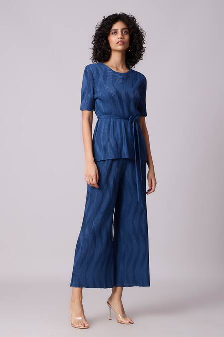 Shop Scarlet Sage Blue Polyester Round Neck Lina Textured Top And Pant Set Online at Aza Fashions Shop_Scarlet Sage_Blue Polyester Round Neck Lina Textured Top And Pant Set_Online_at_Aza_Fashions