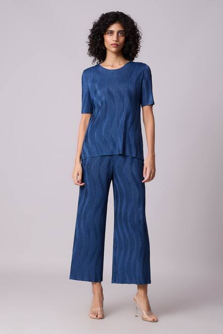 Scarlet Sage Blue Polyester Round Neck Lina Textured Top And Pant Set at Aza Fashions Scarlet Sage_Blue Polyester Round Neck Lina Textured Top And Pant Set_at_Aza_Fashions