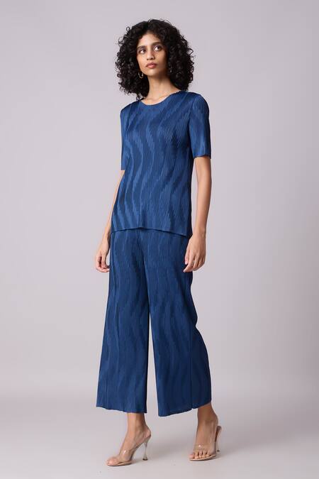 Buy Scarlet Sage Blue Polyester Round Neck Lina Textured Top And Pant Set Buy_Scarlet Sage_Blue Polyester Round Neck Lina Textured Top And Pant Set