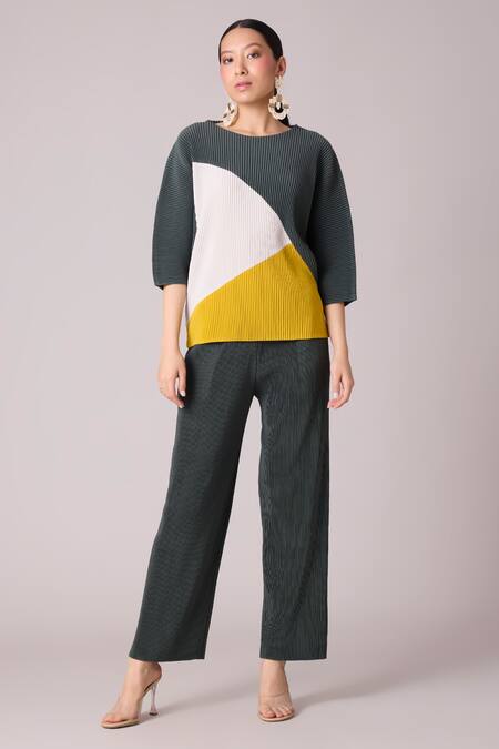 Scarlet Sage_Green Polyester Round Neck Parker Abstract Print Top And Pant Set_Online_at_Aza_Fashions