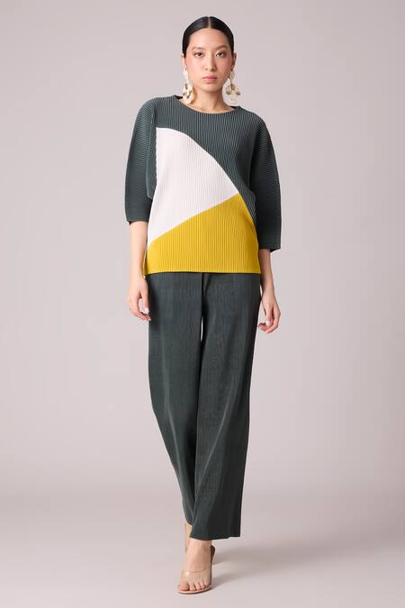 Shop_Scarlet Sage_Green Polyester Round Neck Parker Abstract Print Top And Pant Set