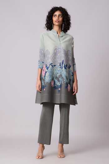 Scarlet Sage_Green Polyester Mandarin Collar Adela Floral Print Tunic With Pant_Online_at_Aza_Fashions
