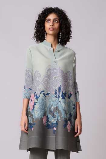 Buy_Scarlet Sage_Green Polyester Mandarin Collar Adela Floral Print Tunic With Pant_Online_at_Aza_Fashions