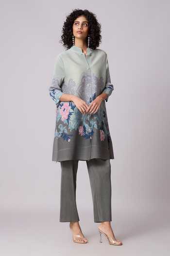 Scarlet Sage_Green Polyester Mandarin Collar Adela Floral Print Tunic With Pant_at_Aza_Fashions