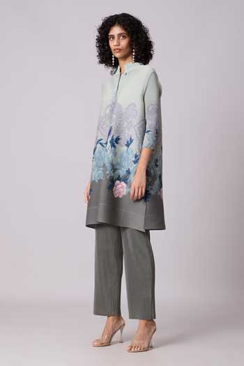 Buy_Scarlet Sage_Green Polyester Mandarin Collar Adela Floral Print Tunic With Pant