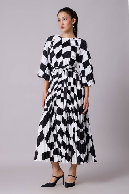 Shop_Scarlet Sage_Black Polyester Round Neck Ariel Chequered Print Dress With Belt_Online_at_Aza_Fashions