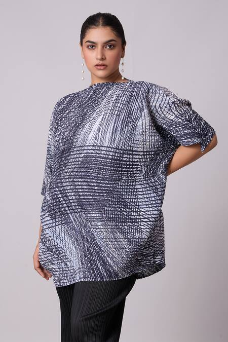 Buy_Scarlet Sage_Grey Polyester Square Neck Astra Geometric Print Top _Online_at_Aza_Fashions
