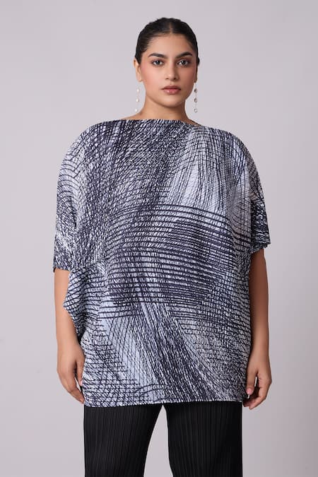 Shop_Scarlet Sage_Grey Polyester Square Neck Astra Geometric Print Top _Online_at_Aza_Fashions