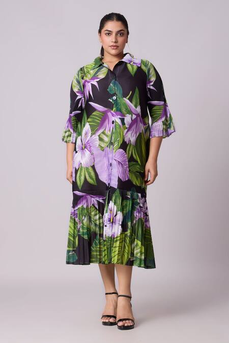 Scarlet Sage_Black Polyester Collared Betsy Floral Print Dress With Belt _Online_at_Aza_Fashions