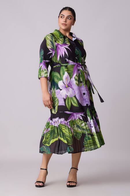 Shop_Scarlet Sage_Black Polyester Collared Betsy Floral Print Dress With Belt _Online_at_Aza_Fashions