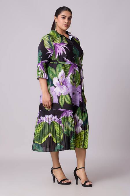 Buy_Scarlet Sage_Black Polyester Collared Betsy Floral Print Dress With Belt 