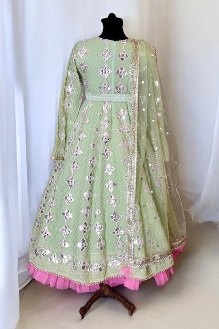 Shop Fayon Kids Green Georgette, Net Embroidery, Tassels, Gota Patti, Anarkali With Dupatta at Aza Fashions Shop_Fayon Kids_Green Georgette, Net Embroidery, Tassels, Gota Patti, Anarkali With Dupatta _at_Aza_Fashions