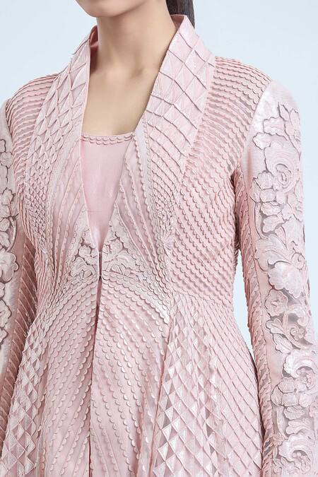 Pankaj & Nidhi_Rose Gold Tulle, Silk Organza Solarium Hand Embellished Jacket And Anarkali Set _at_Aza_Fashions