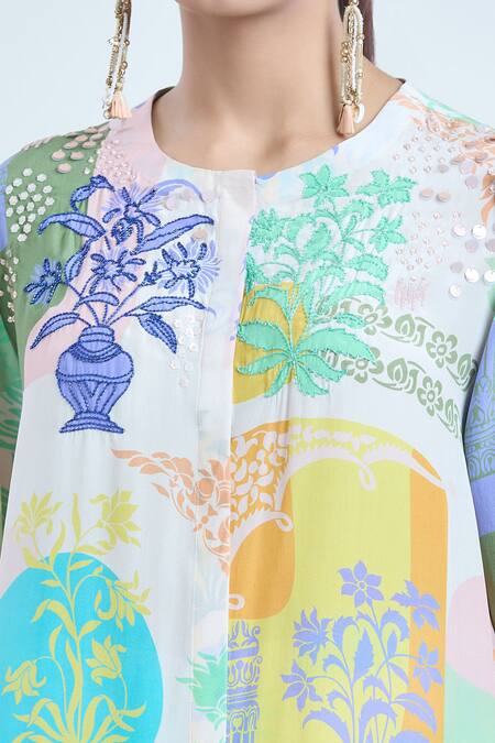 Pankaj & Nidhi_Multi Color Silk, Crepe Embroidery, Sequins Round Neck Arch Floral Pattern Tunic _at_Aza_Fashions