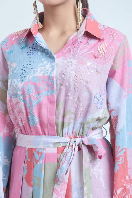 Shop Pankaj & Nidhi Multi Color Linen Collared Dome Printed Pleated Midi Dress Online at Aza Fashions Shop_Pankaj & Nidhi_Multi Color Linen Collared Dome Printed Pleated Midi Dress _Online_at_Aza_Fashions