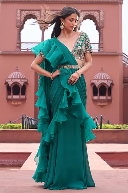 Aariyana Couture Green Bustier Dupion Embroidered Floral V Pre-draped Ruffle Saree With Blouse 