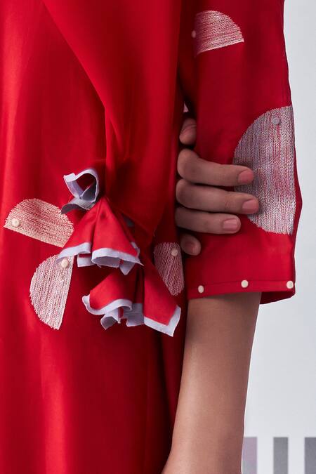 Nachiket Barve_Red Chanderi, Georgette Embroidery Round Felt Applique Kalidar Kurta Pant Set _Online_at_Aza_Fashions