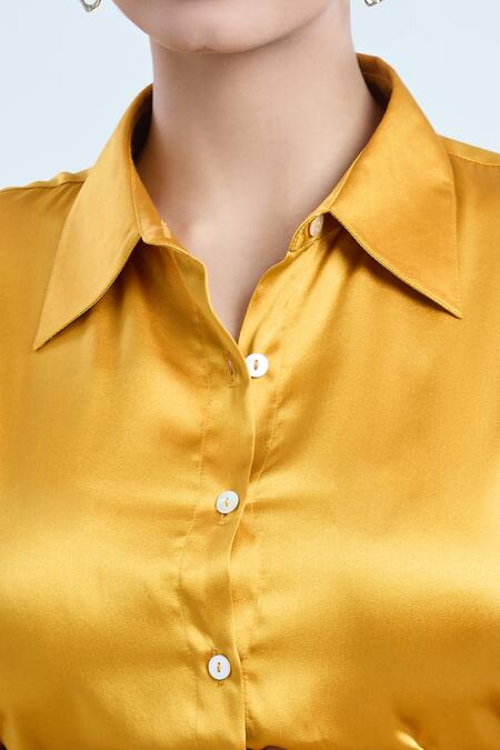 Shop_Shweta Kapoor_Yellow Silk Satin, Polyester Stones Collared Shirt _Online_at_Aza_Fashions