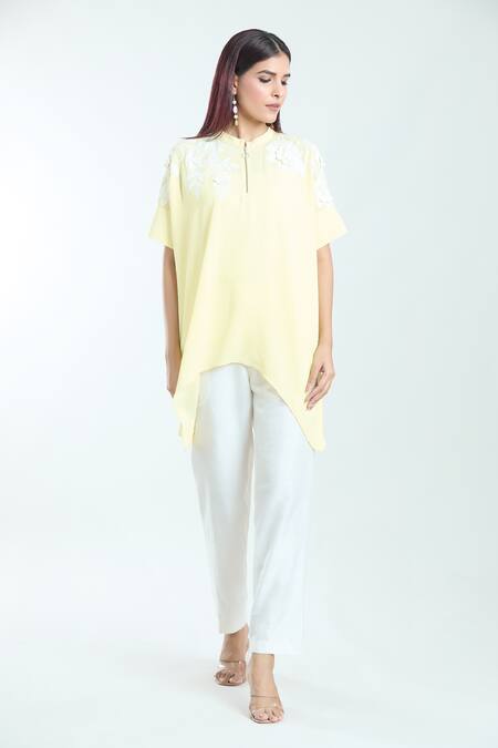 Namrata Joshipura_Yellow Embroidery Collared Dahlia Handkerchief Top_Online_at_Aza_Fashions