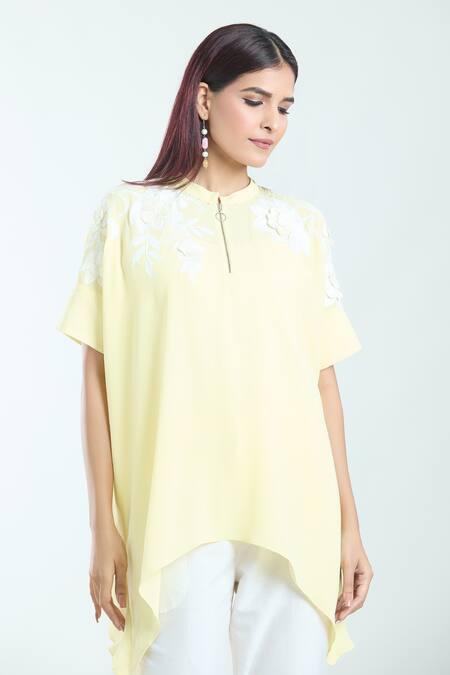 Buy_Namrata Joshipura_Yellow Embroidery Collared Dahlia Handkerchief Top_Online_at_Aza_Fashions