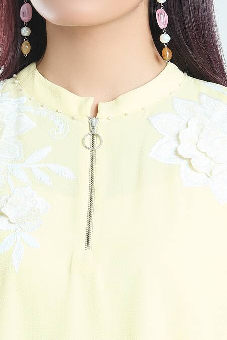 Shop_Namrata Joshipura_Yellow Embroidery Collared Dahlia Handkerchief Top_Online_at_Aza_Fashions