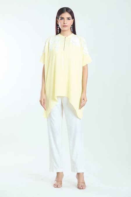 Namrata Joshipura_Yellow Embroidery Collared Dahlia Handkerchief Top_at_Aza_Fashions