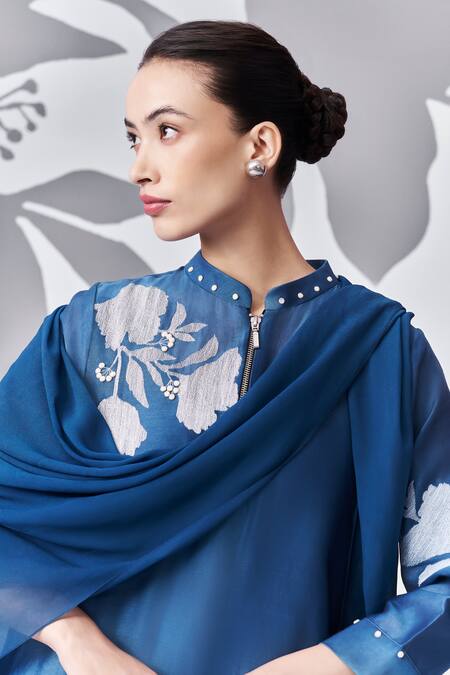 Shop Nachiket Barve Blue Chanderi , Georgette, Embroidery Floral Thread Kurta Palazzo Set Online at Aza Fashions Shop_Nachiket Barve_Blue Chanderi , Georgette, Embroidery Floral Thread Kurta Palazzo Set _Online_at_Aza_Fashions