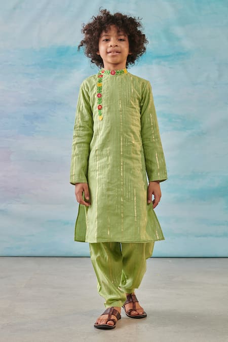 CUTE COUTURE Green Cotton Silk Lurex Embroidery Floral Kurta With Salwar 