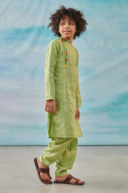 Buy_Cute Couture_Green Cotton, Silk, Lurex Embroidery Floral Kurta With Salwar _Online_at_Aza_Fashions