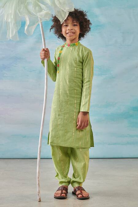 Shop_Cute Couture_Green Cotton, Silk, Lurex Embroidery Floral Kurta With Salwar _Online_at_Aza_Fashions