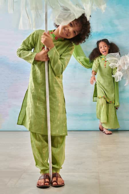 Buy_Cute Couture_Green Cotton, Silk, Lurex Embroidery Floral Kurta With Salwar 