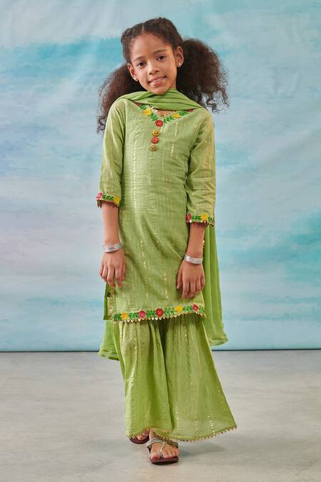 Cute Couture Green Kurta And Sharara Cotton Silk Lurex Embroidery Floral & Set Online at Aza Fashions Cute Couture_Green Kurta And Sharara Cotton Silk Lurex Embroidery Floral & Set _Online_at_Aza_Fashions