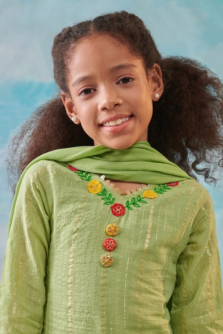 Shop Cute Couture Green Kurta And Sharara Cotton Silk Lurex Embroidery Floral & Set Online at Aza Fashions Shop_Cute Couture_Green Kurta And Sharara Cotton Silk Lurex Embroidery Floral & Set _Online_at_Aza_Fashions