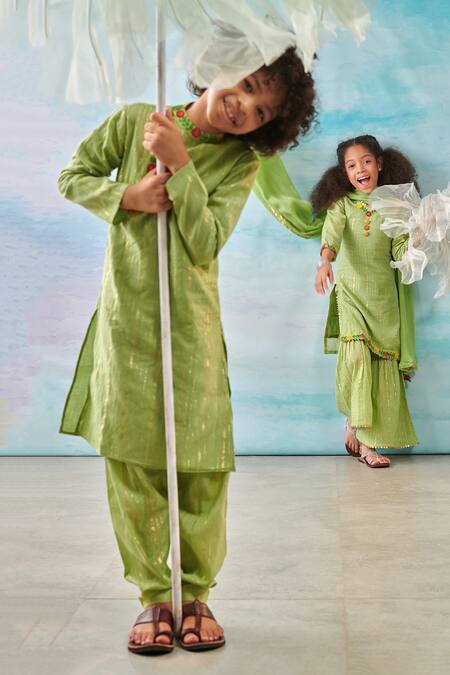 Buy Cute Couture Green Kurta And Sharara Cotton Silk Lurex Embroidery Floral & Set Buy_Cute Couture_Green Kurta And Sharara Cotton Silk Lurex Embroidery Floral & Set