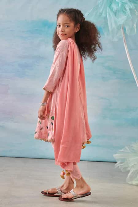 Shop Cute Couture Pink Cotton, Silk, Chiffon, Lurex Floral Peplum Kurta And Tulip Pant Set at Aza Fashions Shop_Cute Couture_Pink Cotton, Silk, Chiffon, Lurex Floral Peplum Kurta And Tulip Pant Set _at_Aza_Fashions