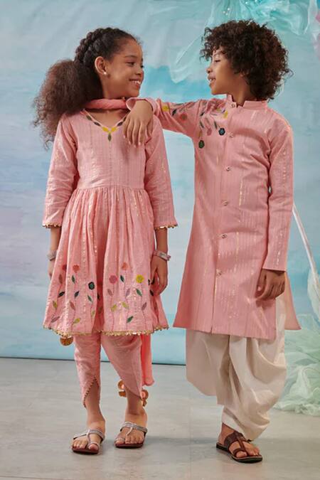 Cute Couture Pink Cotton, Silk, Chiffon, Lurex Floral Peplum Kurta And Tulip Pant Set Online at Aza Fashions Cute Couture_Pink Cotton, Silk, Chiffon, Lurex Floral Peplum Kurta And Tulip Pant Set _Online_at_Aza_Fashions