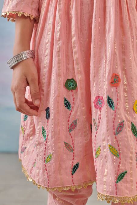 Cute Couture Pink Cotton, Silk, Chiffon, Lurex Floral Peplum Kurta And Tulip Pant Set at Aza Fashions Cute Couture_Pink Cotton, Silk, Chiffon, Lurex Floral Peplum Kurta And Tulip Pant Set _at_Aza_Fashions