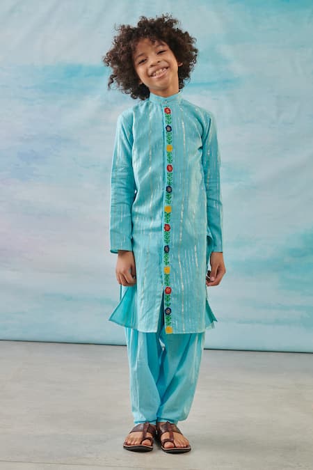 Cute Couture Blue Cotton, Silk, Lurex, Rayon Embroidery Floral Thread Kurta With Patiala Online at Aza Fashions Cute Couture_Blue Cotton, Silk, Lurex, Rayon Embroidery Floral Thread Kurta With Patiala _Online_at_Aza_Fashions