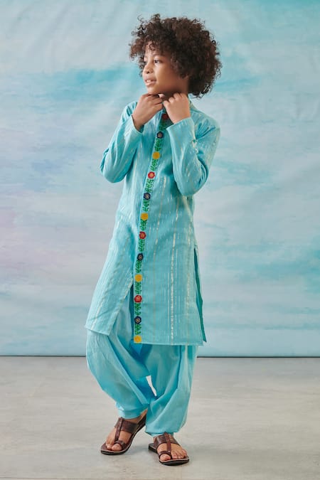 Buy Cute Couture Blue Cotton, Silk, Lurex, Rayon Embroidery Floral Thread Kurta With Patiala Online at Aza Fashions Buy_Cute Couture_Blue Cotton, Silk, Lurex, Rayon Embroidery Floral Thread Kurta With Patiala _Online_at_Aza_Fashions