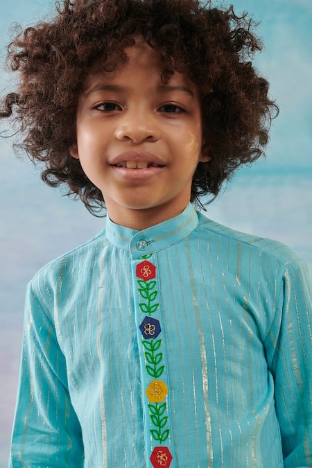 Shop Cute Couture Blue Cotton, Silk, Lurex, Rayon Embroidery Floral Thread Kurta With Patiala Online at Aza Fashions Shop_Cute Couture_Blue Cotton, Silk, Lurex, Rayon Embroidery Floral Thread Kurta With Patiala _Online_at_Aza_Fashions