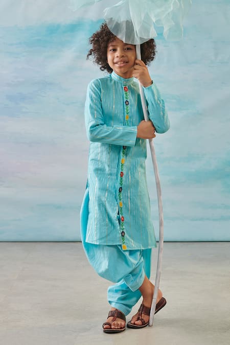 Cute Couture Blue Cotton, Silk, Lurex, Rayon Embroidery Floral Thread Kurta With Patiala at Aza Fashions Cute Couture_Blue Cotton, Silk, Lurex, Rayon Embroidery Floral Thread Kurta With Patiala _at_Aza_Fashions