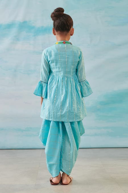 Shop Cute Couture Blue Cotton Silk Lurex Embroidery Floral Tie Up Cape And Dhoti Pant Set at Aza Fashions Shop_Cute Couture_Blue Cotton Silk Lurex Embroidery Floral Tie Up Cape And Dhoti Pant Set _at_Aza_Fashions