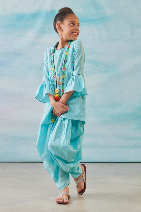 Cute Couture Blue Cotton Silk Lurex Embroidery Floral Tie Up Cape And Dhoti Pant Set Online at Aza Fashions Cute Couture_Blue Cotton Silk Lurex Embroidery Floral Tie Up Cape And Dhoti Pant Set _Online_at_Aza_Fashions