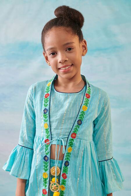 Shop Cute Couture Blue Cotton Silk Lurex Embroidery Floral Tie Up Cape And Dhoti Pant Set Online at Aza Fashions Shop_Cute Couture_Blue Cotton Silk Lurex Embroidery Floral Tie Up Cape And Dhoti Pant Set _Online_at_Aza_Fashions