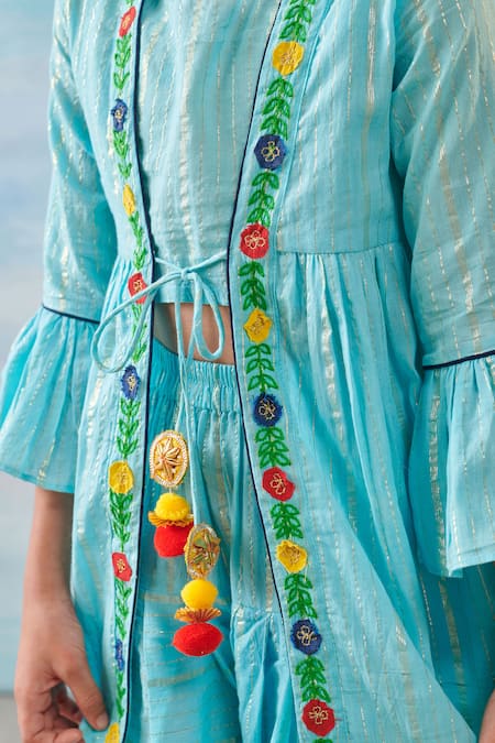 Cute Couture Blue Cotton Silk Lurex Embroidery Floral Tie Up Cape And Dhoti Pant Set at Aza Fashions Cute Couture_Blue Cotton Silk Lurex Embroidery Floral Tie Up Cape And Dhoti Pant Set _at_Aza_Fashions