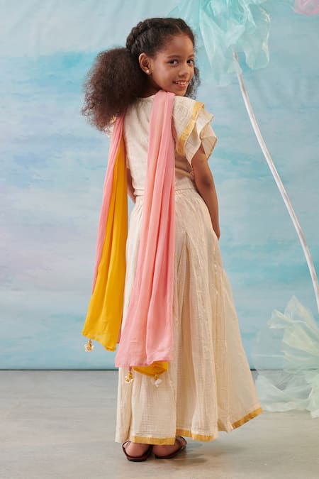 Shop Cute Couture Beige , Silk, Lurex, Satin, Floral Ruffle Blouse And Lehenga Set at Aza Fashions Shop_Cute Couture_Beige , Silk, Lurex, Satin, Floral Ruffle Blouse And Lehenga Set _at_Aza_Fashions