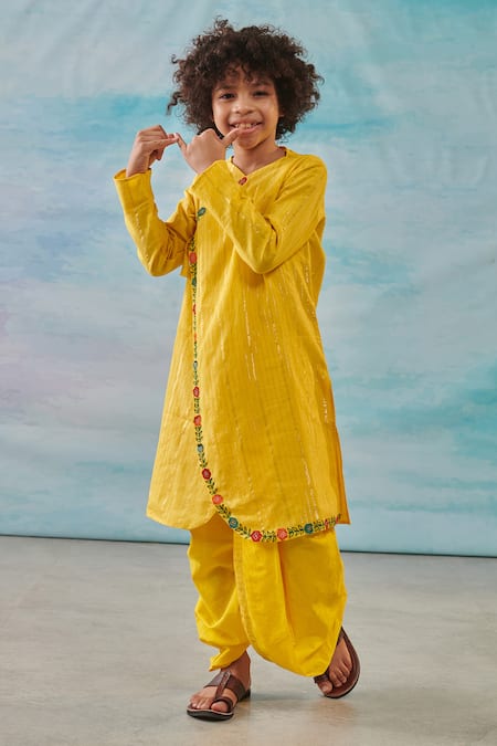 CUTE COUTURE Yellow Kurta Cotton Silk Lurex Embroidery Floral Asymmetric With Dhoti Pant 