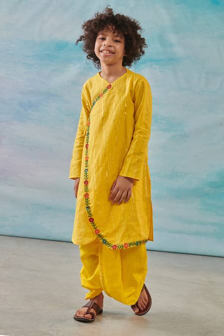 Cute Couture_Yellow Cotton, Silk Embroidery Floral Asymmetric Kurta With Dhoti Pant _Online_at_Aza_Fashions